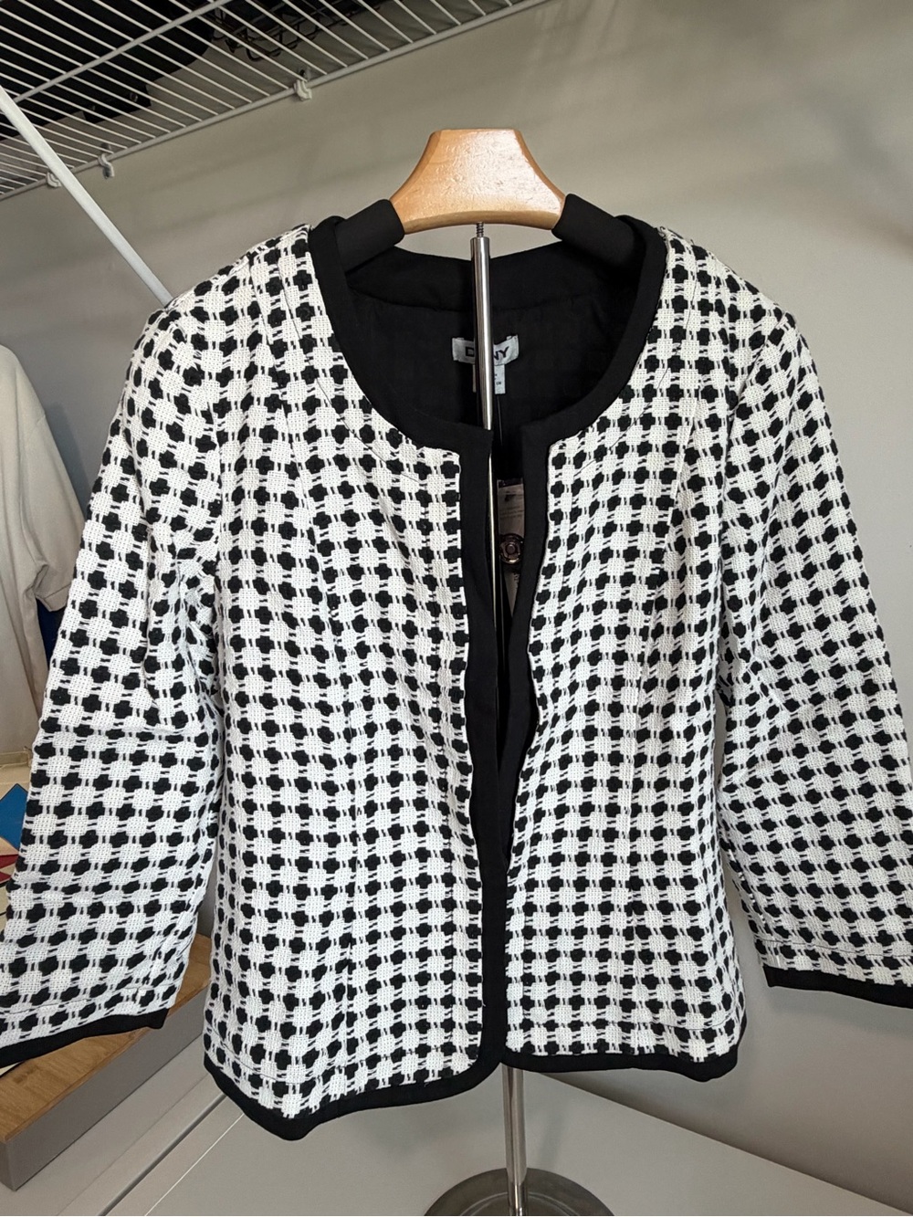 DKNY Black and White Checked Open-Front Blazer